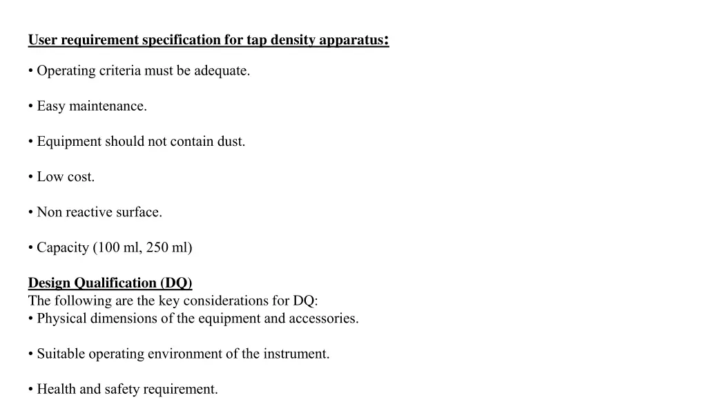 user requirement specification for tap density