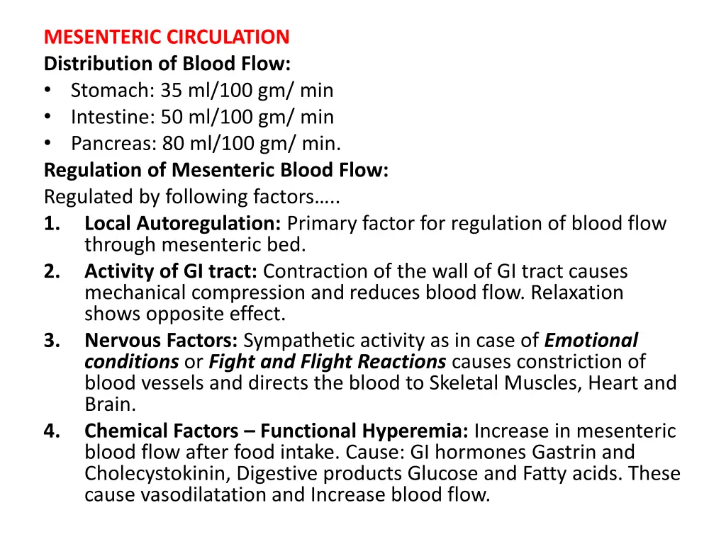 mesenteric circulation distribution of blood flow