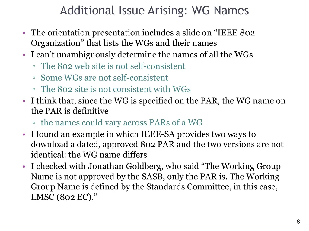 additional issue arising wg names