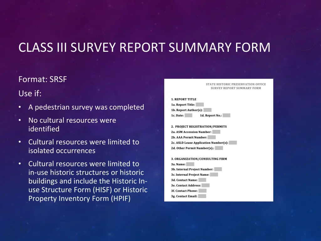 class iii survey report summary form