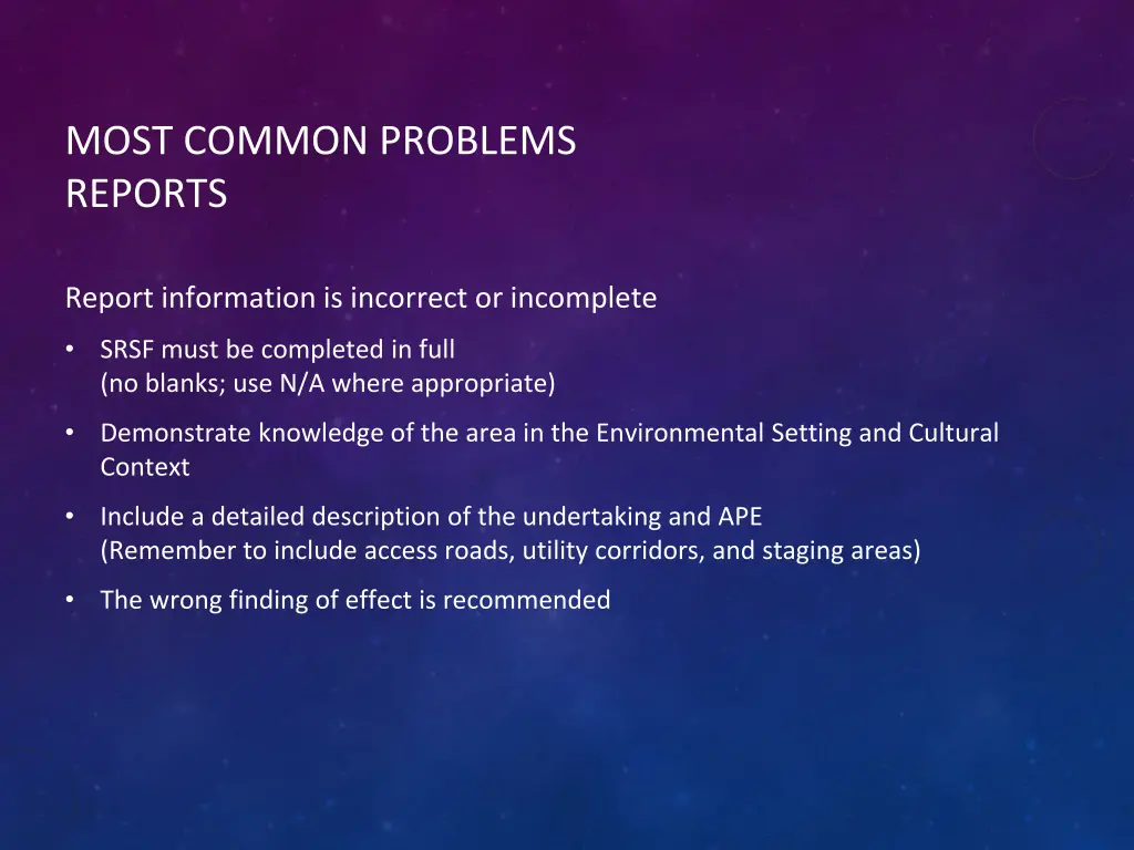 most common problems reports
