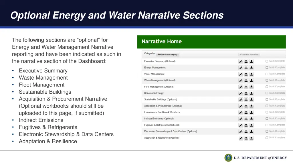 optional energy and water narrative sections