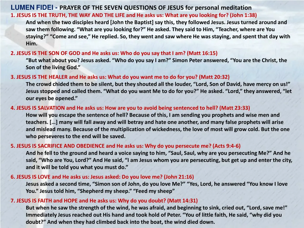 lumen fidei prayer of the seven questions
