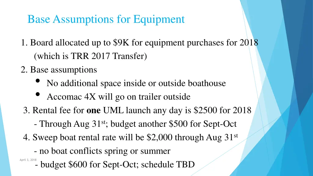 purchase base assumptions for equipment