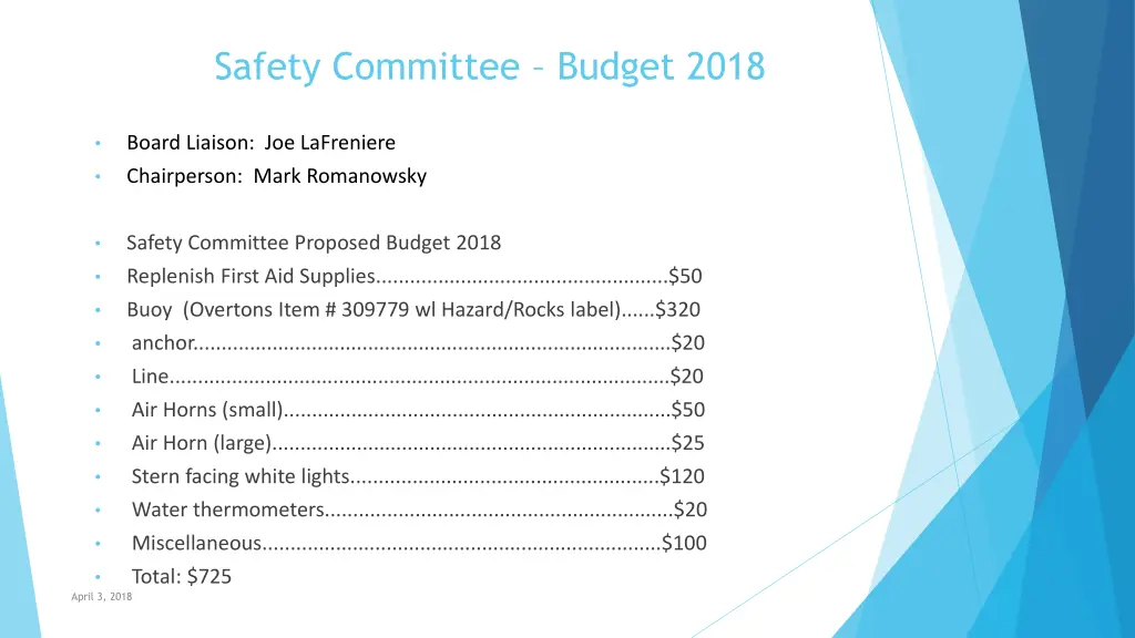 safety committee budget 2018