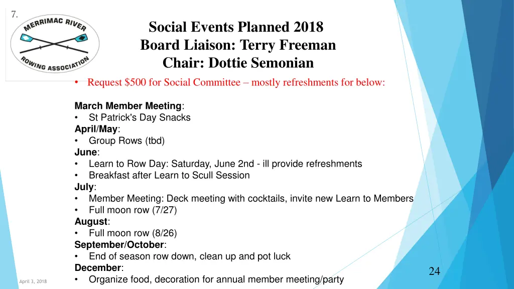 social events planned 2018 board liaison terry