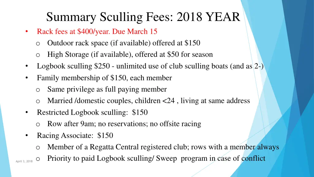 summary sculling fees 2018 year rack fees