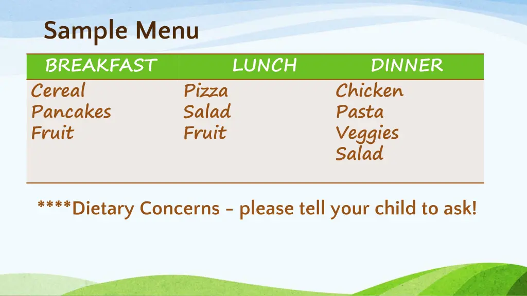 sample menu breakfast cereal pancakes fruit