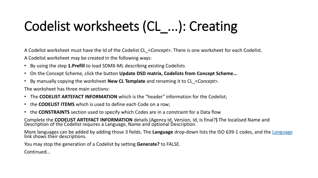 codelist worksheets cl creating codelist