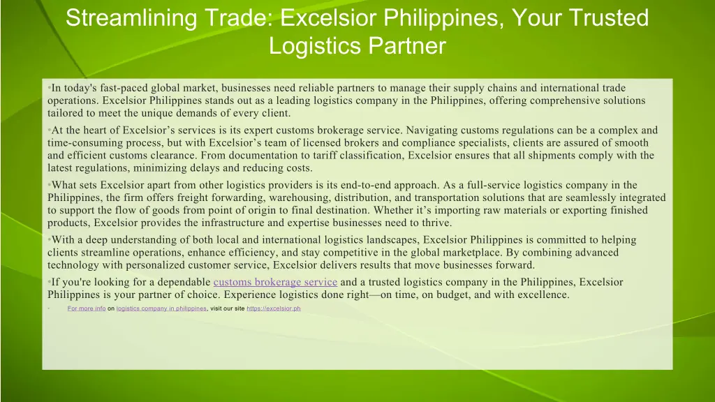 streamlining trade excelsior philippines your