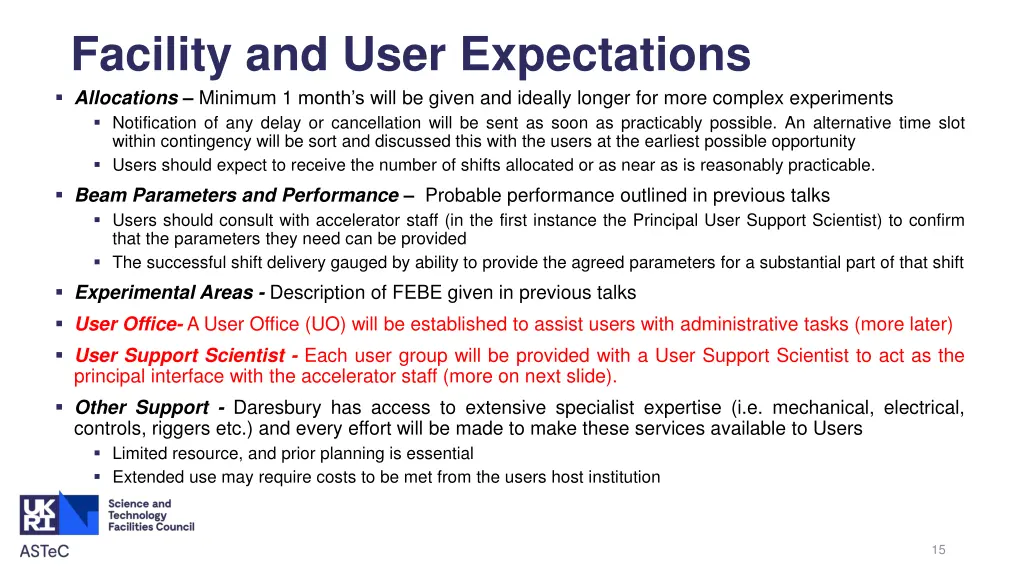 facility and user expectations allocations