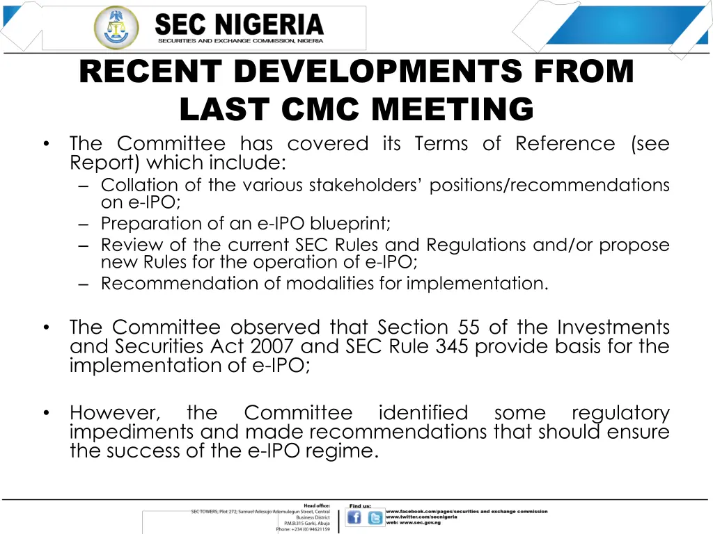 recent developments from last cmc meeting 1