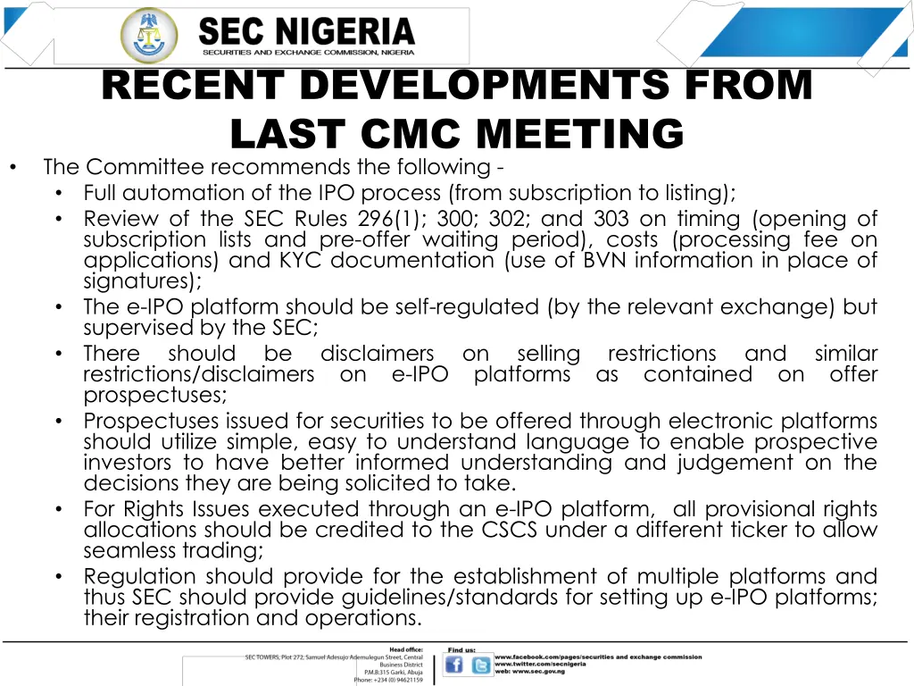 recent developments from last cmc meeting 2