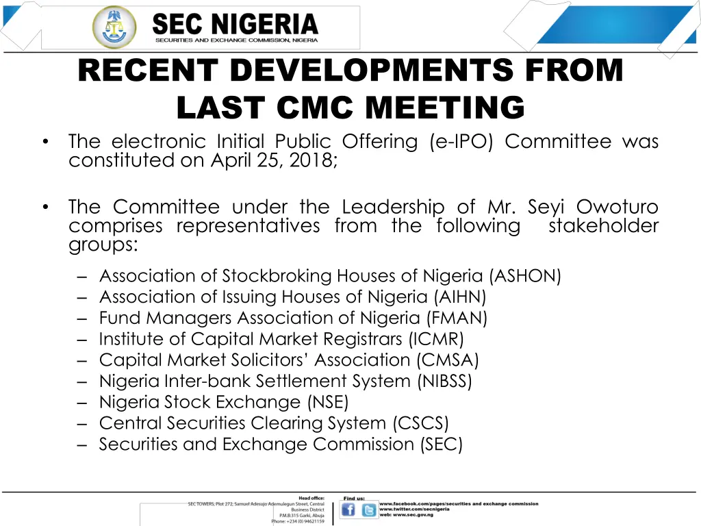 recent developments from last cmc meeting