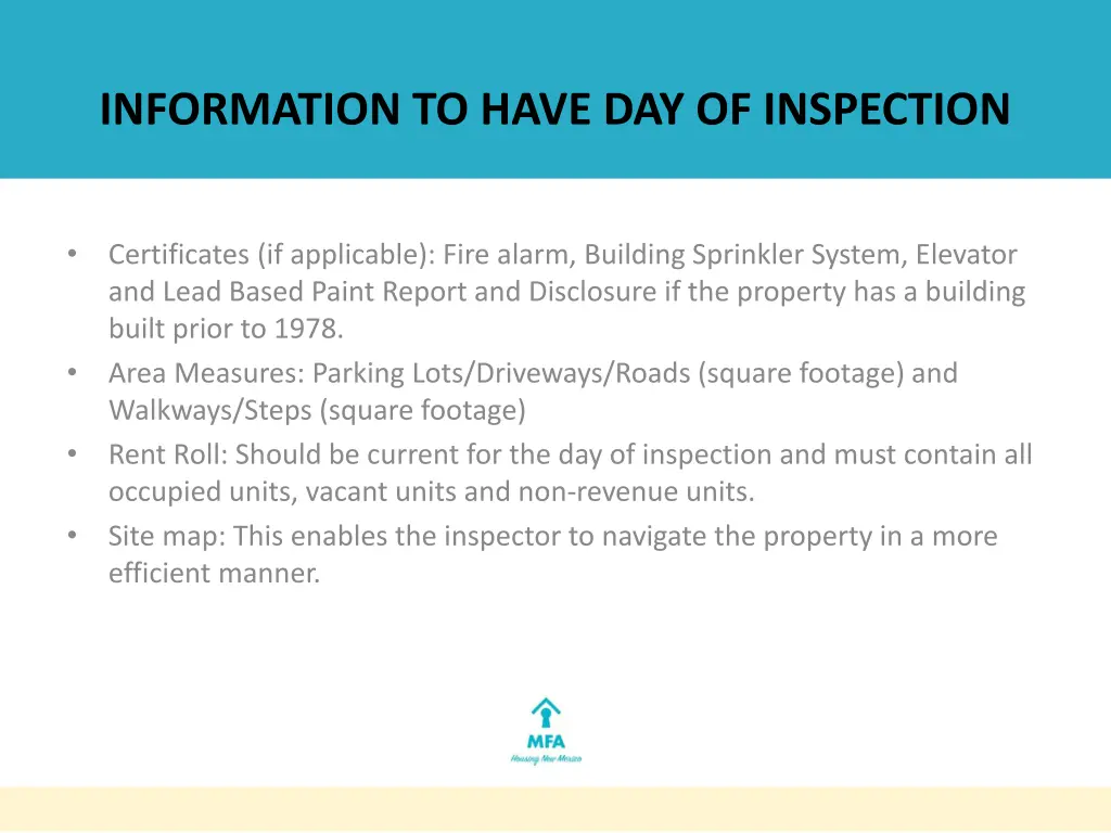 information to have day of inspection