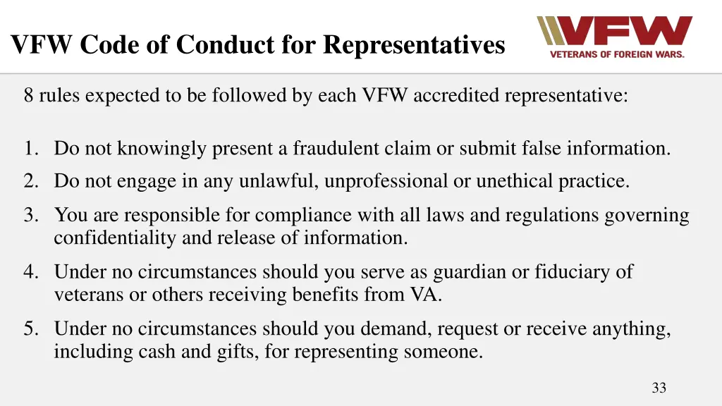 vfw code of conduct for representatives