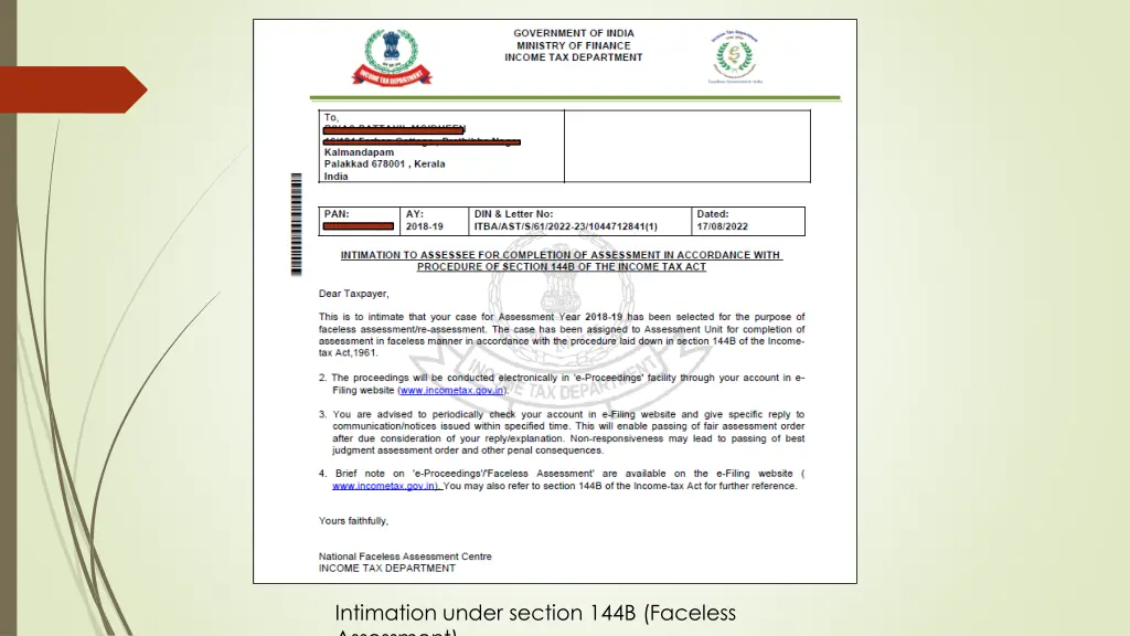 intimation under section 144b faceless assessment