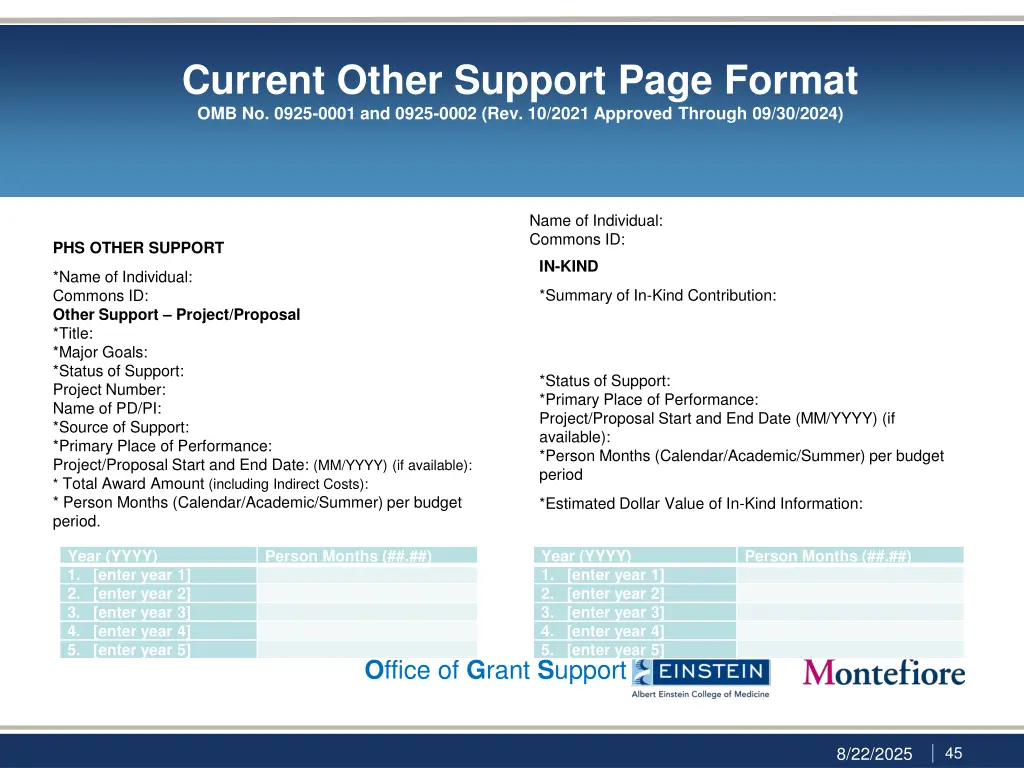 current other support page format omb no 0925
