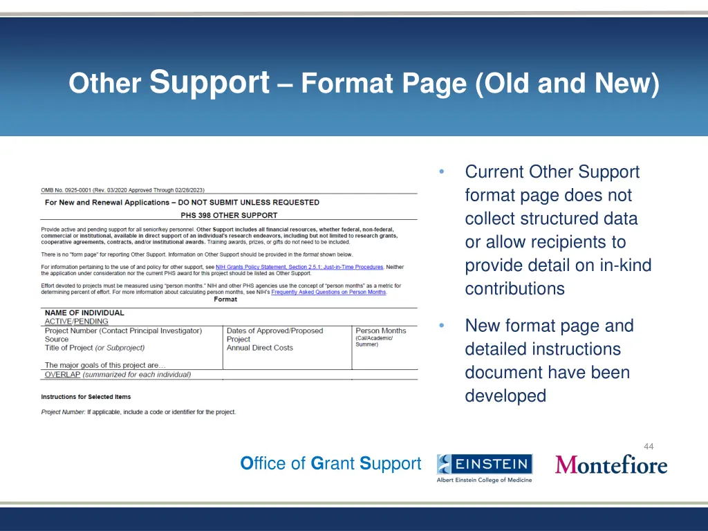 other support format page old and new