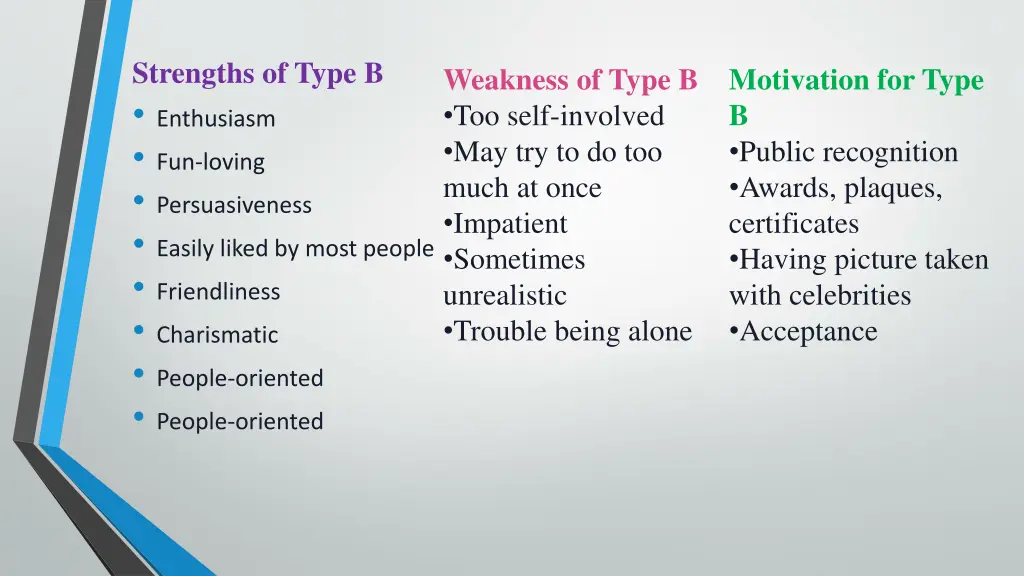 strengths of type b enthusiasm fun loving