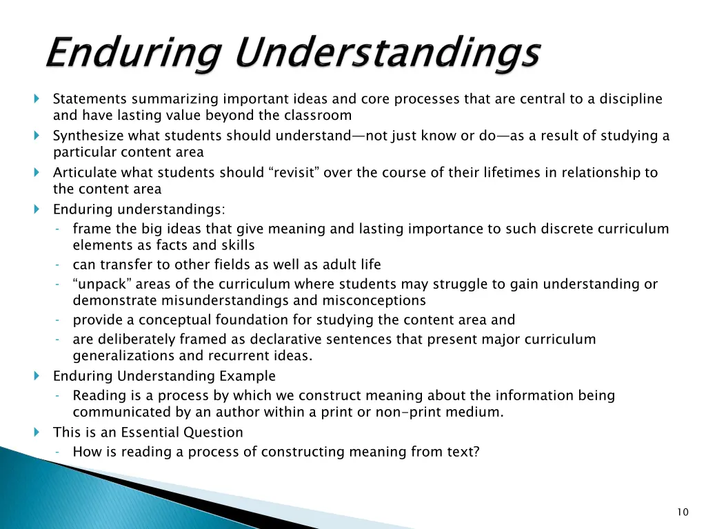 statements summarizing important ideas and core