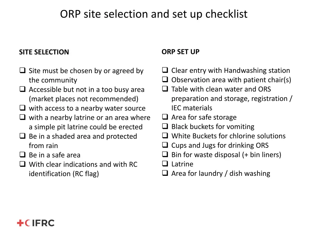 orp site selection and set up checklist