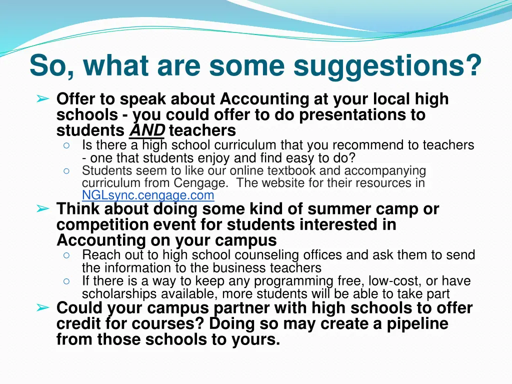 so what are some suggestions offer to speak about