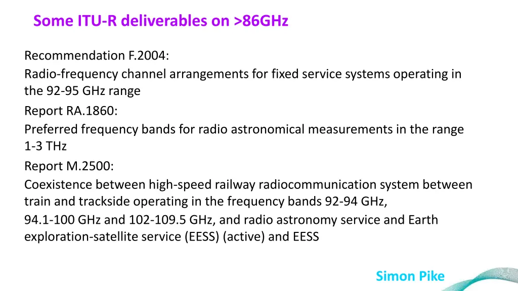some itu r deliverables on 86ghz
