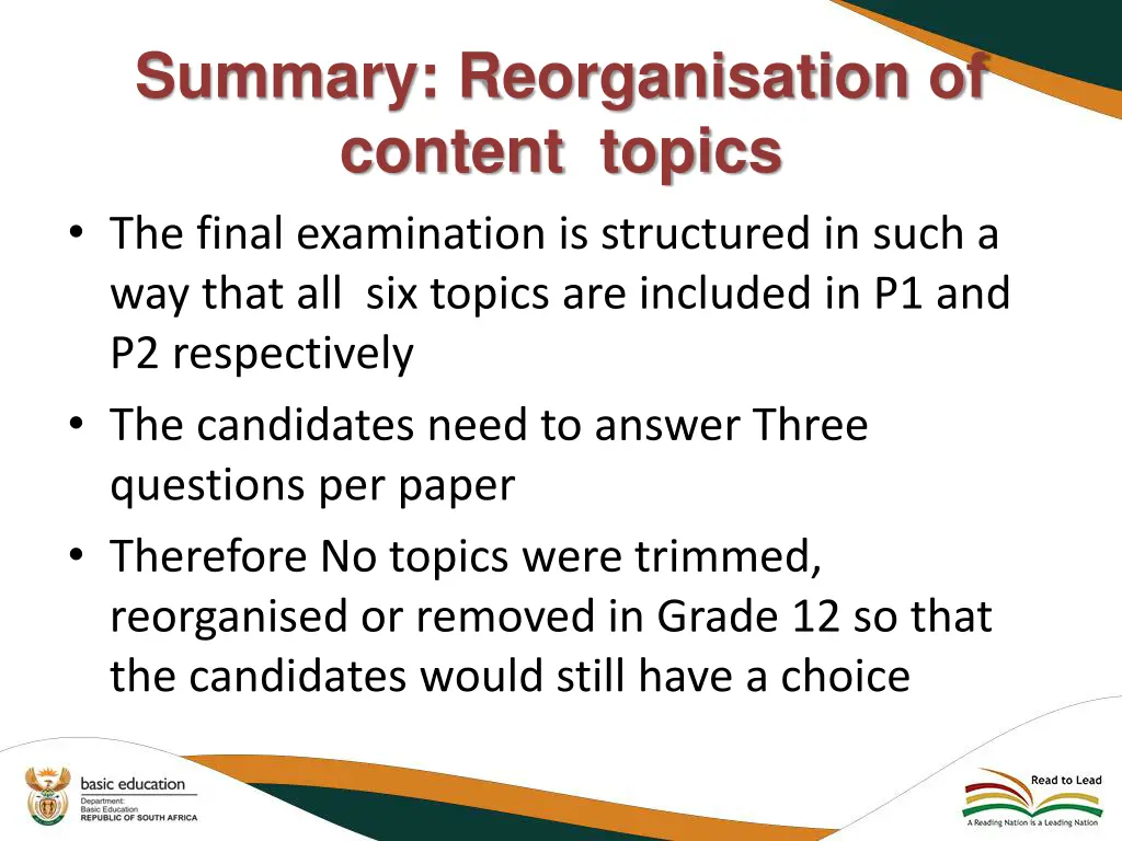 summary reorganisation of content topics