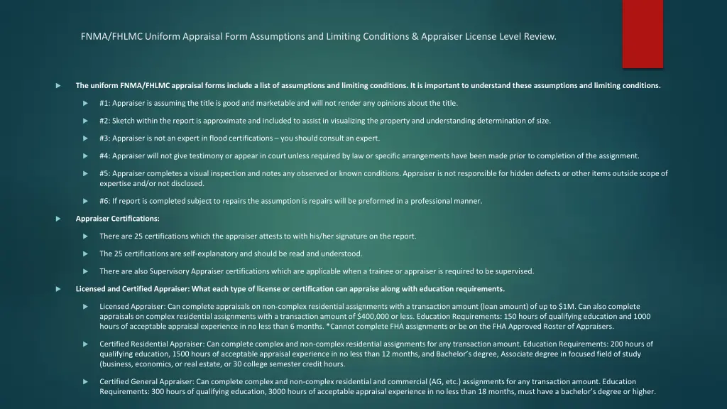 fnma fhlmc uniform appraisal form assumptions