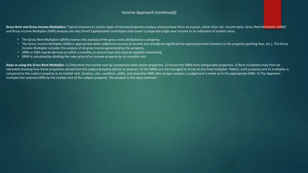 income approach continued