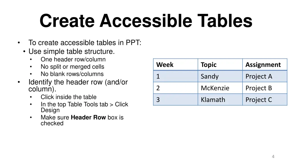 create accessible tables