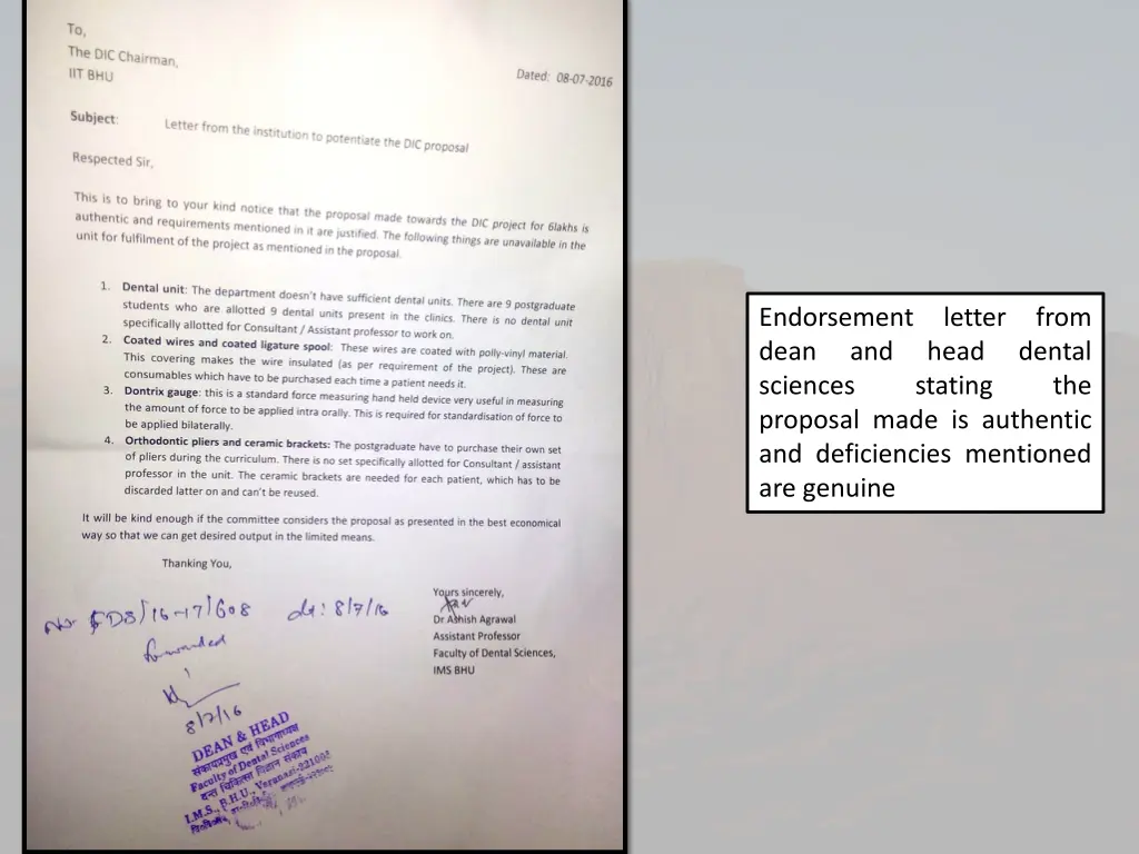 endorsement letter from dean and head sciences