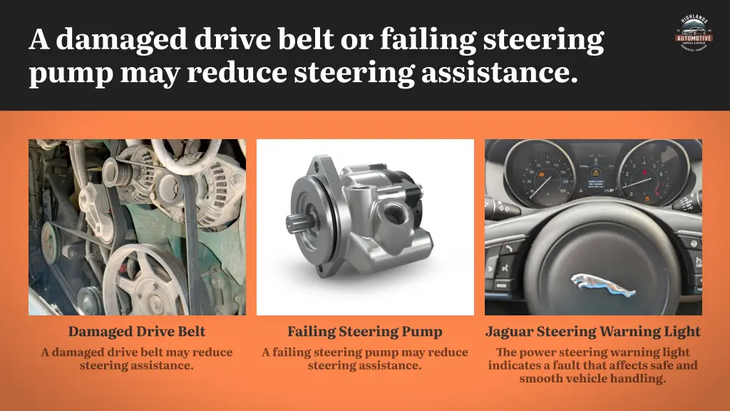 a damaged drive belt or failing steering pump