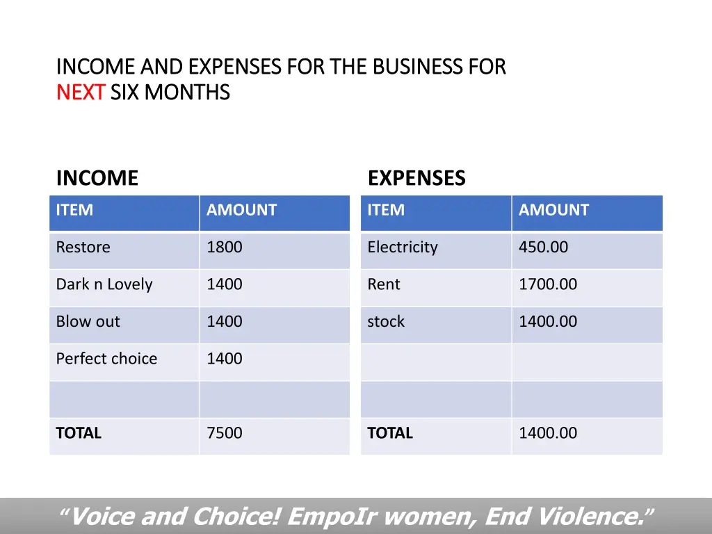 income and expenses for the business for income 1