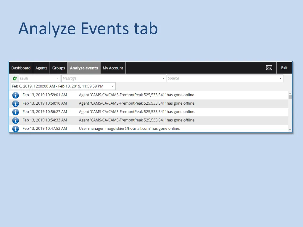 analyze events tab