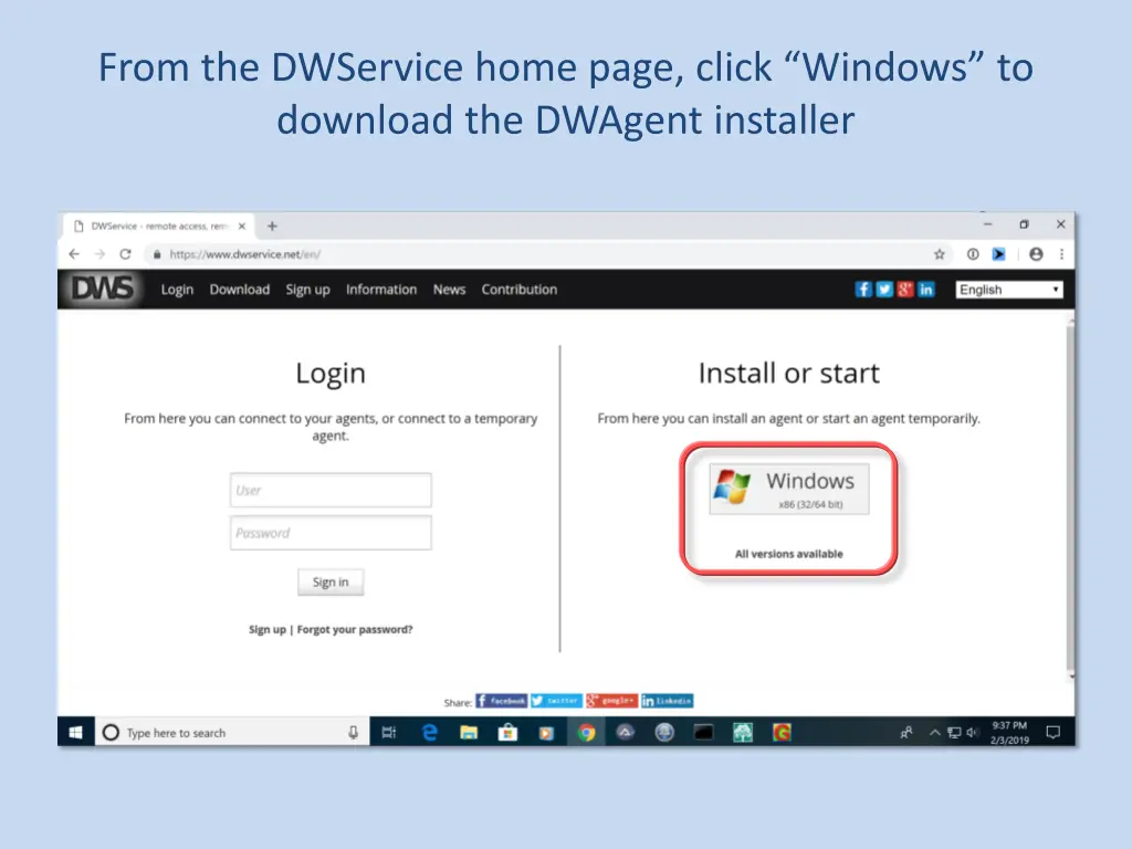 from the dwservice home page click windows
