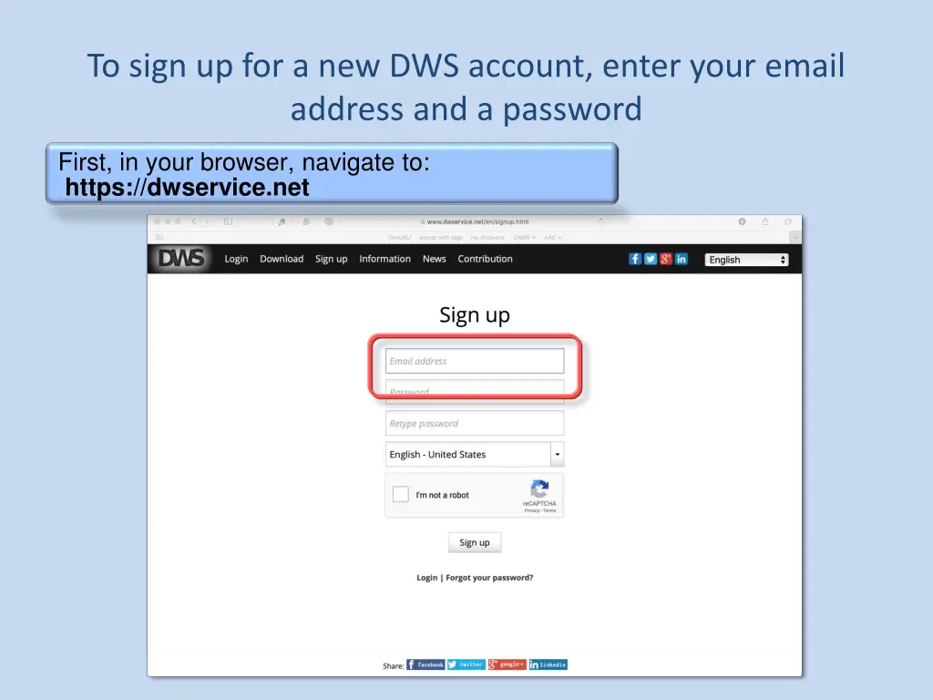 to sign up for a new dws account enter your email
