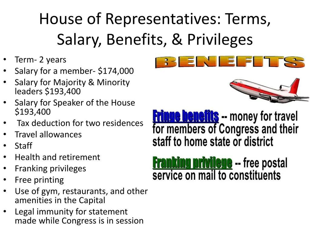 house of representatives terms salary benefits