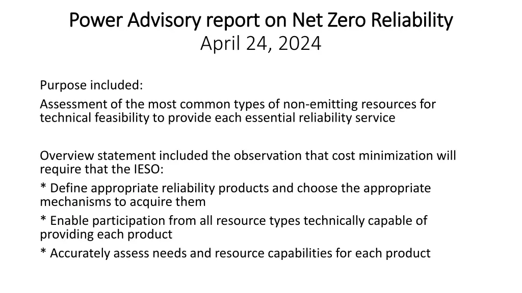 power advisory report on net zero reliability