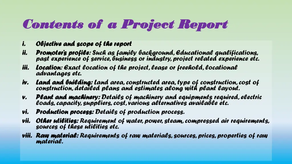contents of a project report contents