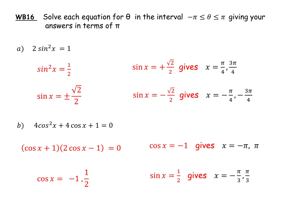 wb16 solve each equation for in the interval