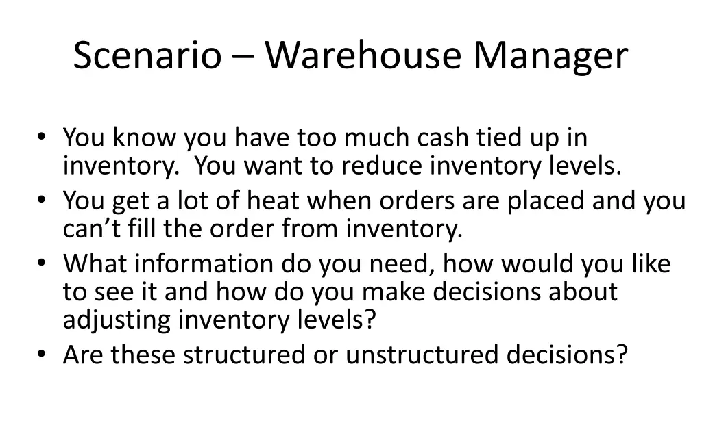 scenario warehouse manager