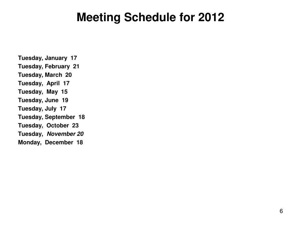 meeting schedule for 2012