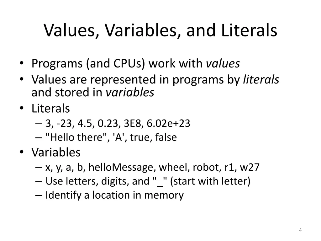 values variables and literals