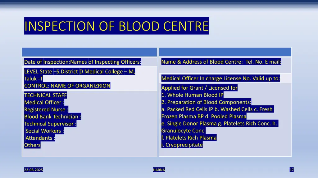 inspection of blood centre
