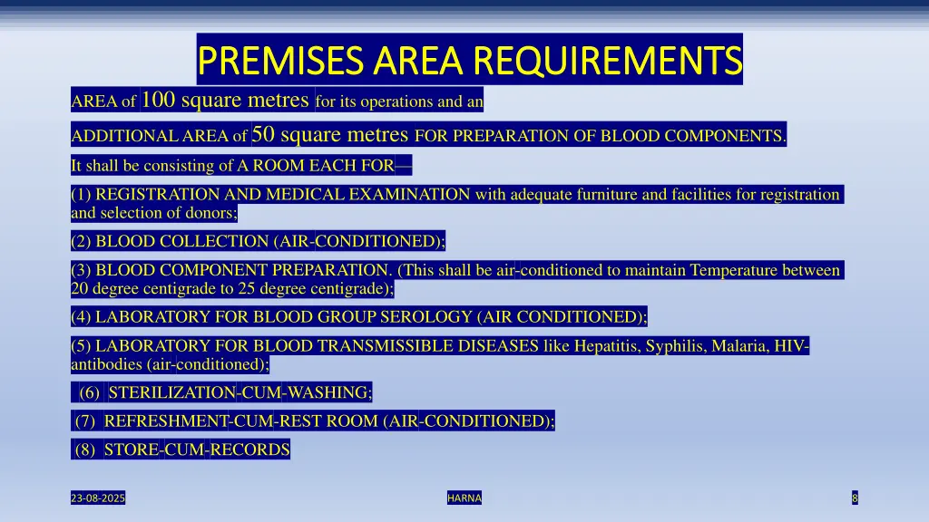 premises area requirements premises area