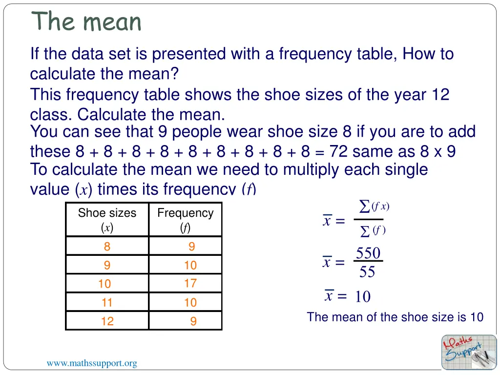 the mean if the data set is presented with