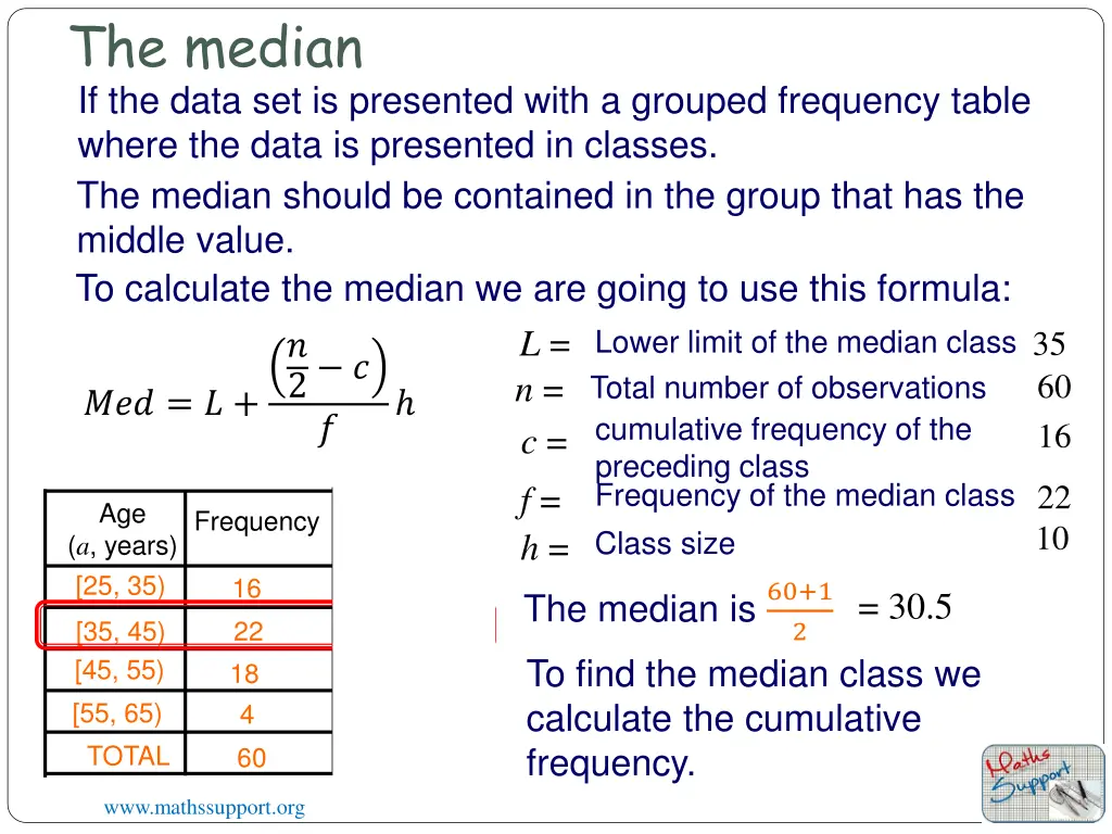 the median if the data set is presented with