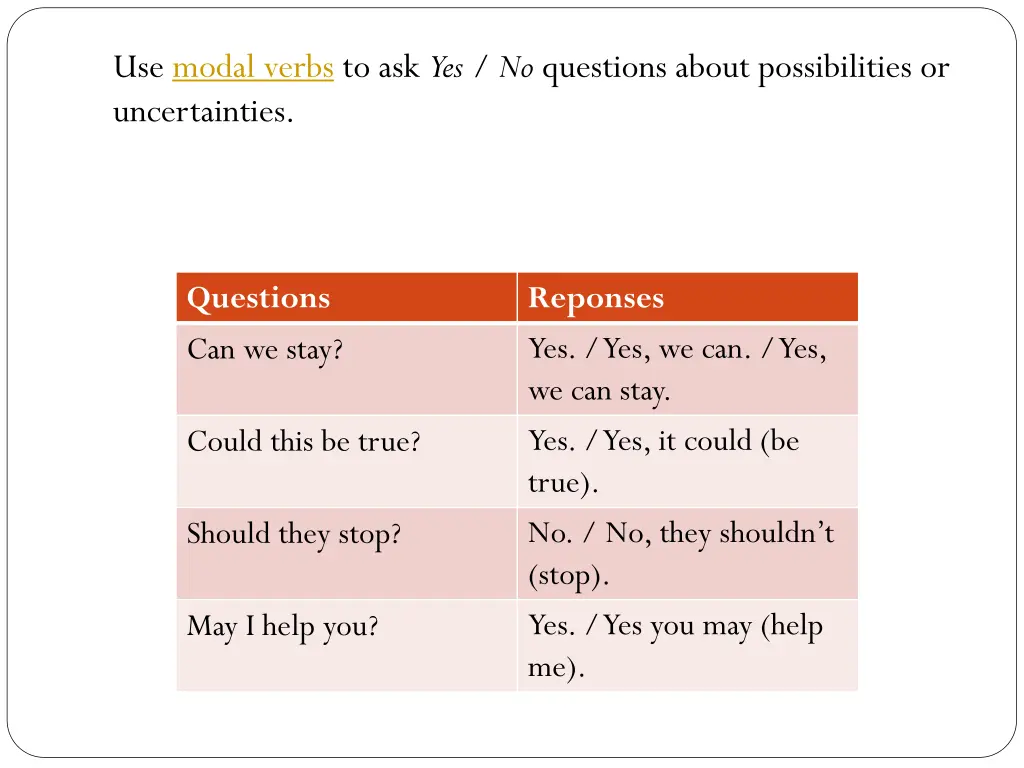 use modal verbs to ask yes no questions about